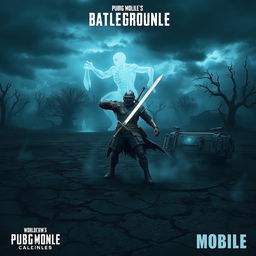A dark fantasy scene set in the world of PUBG MOBILE, depicting a desolate battlefield under a stormy sky, with cracked earth and withered trees