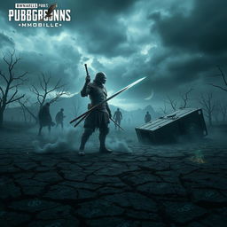 A dark fantasy scene set in the world of PUBG MOBILE, depicting a desolate battlefield under a stormy sky, with cracked earth and withered trees
