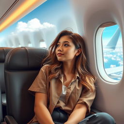 A young woman sitting comfortably in an airplane seat, gazing out of the window at the clouds, dressed casually in a stylish outfit, with her hair gently flowing as if in a light breeze
