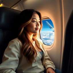 A young woman sitting comfortably in an airplane seat, gazing out of the window at the clouds, dressed casually in a stylish outfit, with her hair gently flowing as if in a light breeze