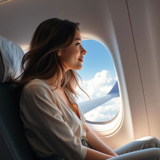A young woman sitting comfortably in an airplane seat, gazing out of the window at the clouds, dressed casually in a stylish outfit, with her hair gently flowing as if in a light breeze
