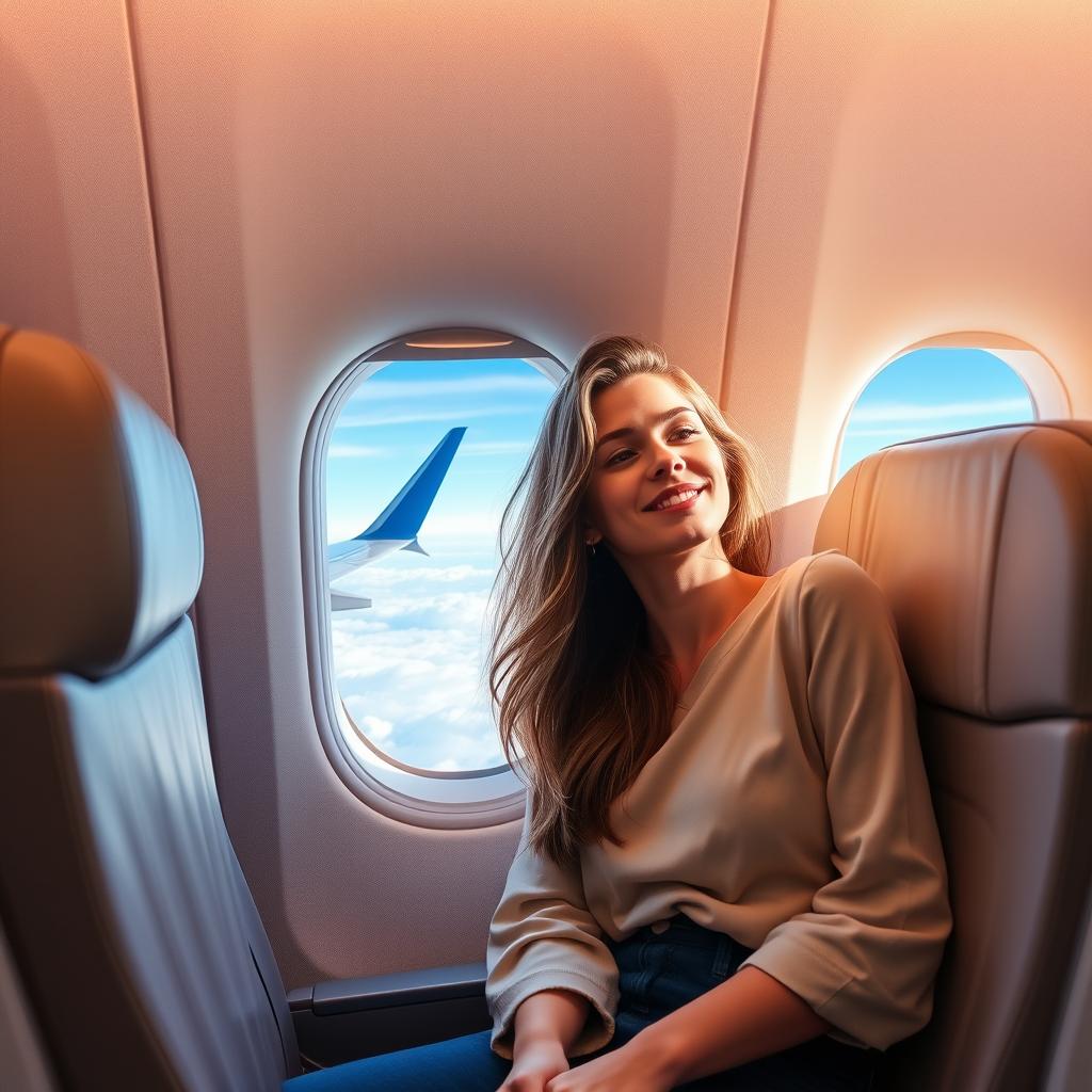 A young woman sitting comfortably in an airplane seat, gazing out of the window at the clouds, dressed casually in a stylish outfit, with her hair gently flowing as if in a light breeze