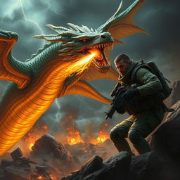 An intense battle scene between a fierce dragon and a heavily armed military soldier
