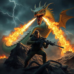 An intense battle scene between a fierce dragon and a heavily armed military soldier