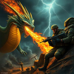 An intense battle scene between a fierce dragon and a heavily armed military soldier