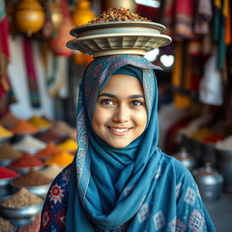 A Muslim girl wearing a beautifully designed colorful hijab, balancing a plate on her head
