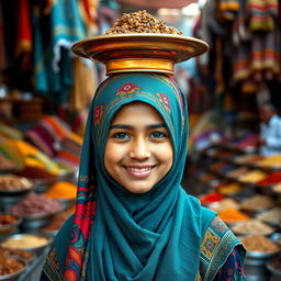 A Muslim girl wearing a beautifully designed colorful hijab, balancing a plate on her head