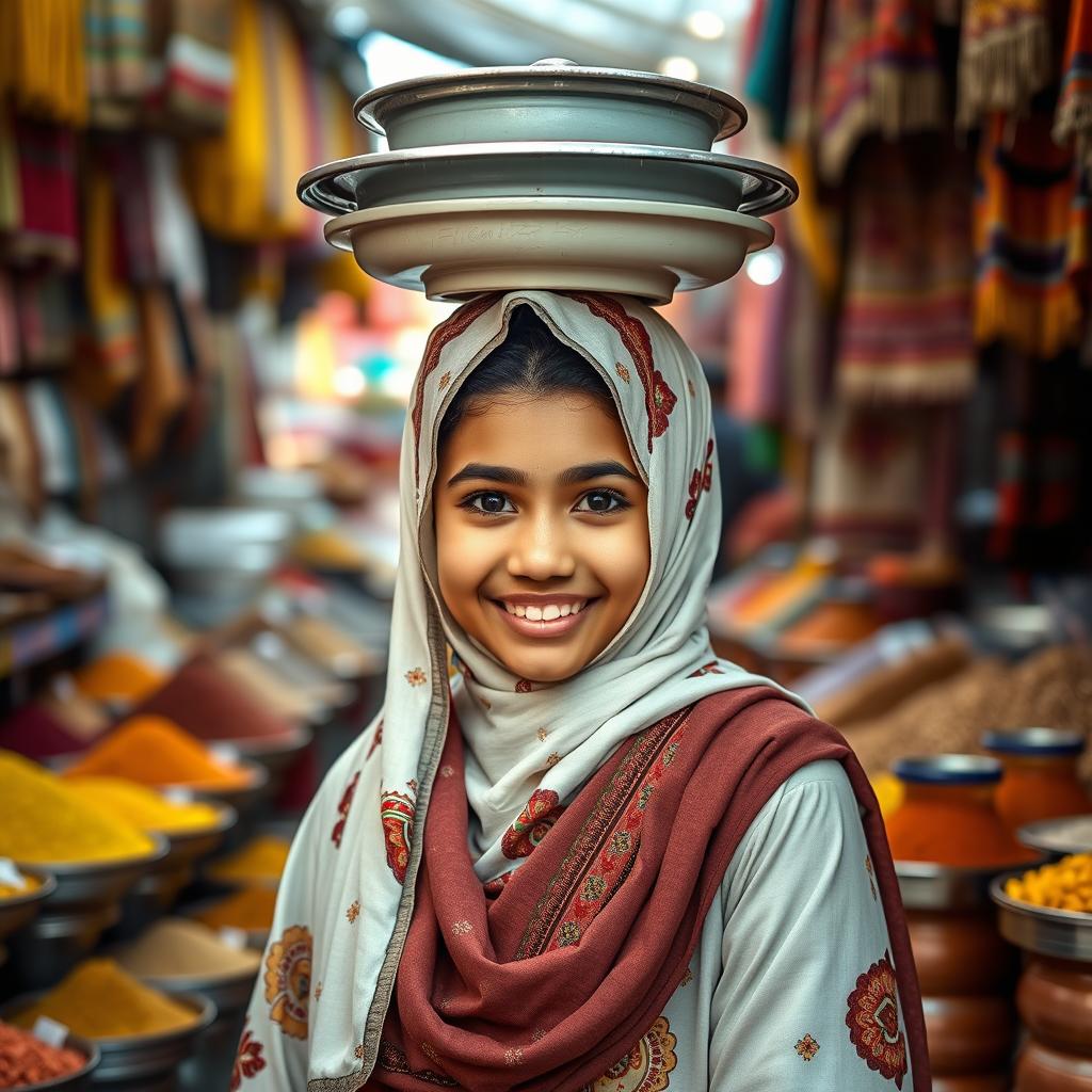 A Muslim girl wearing a beautifully designed colorful hijab, balancing a plate on her head