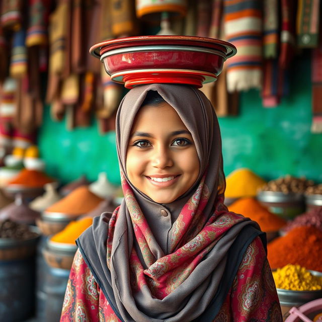 A Muslim girl wearing a beautifully designed colorful hijab, balancing a plate on her head