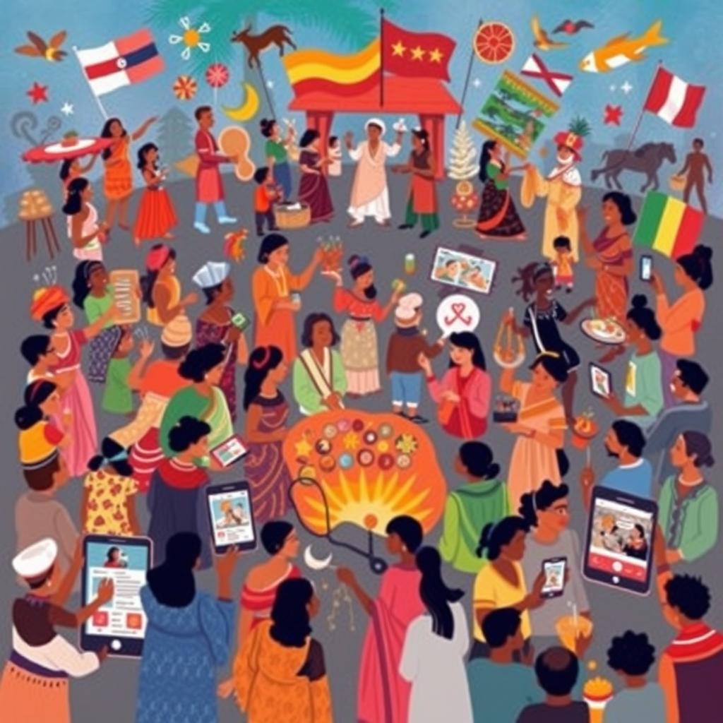 A vibrant and dynamic illustration showcasing cultural representation through media across various communities