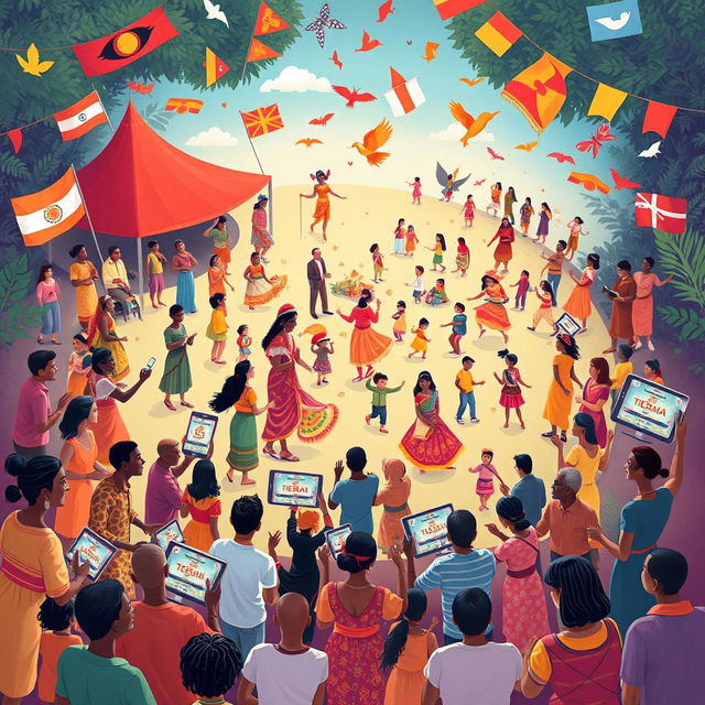 A vibrant and dynamic illustration showcasing cultural representation through media across various communities