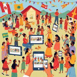 A vibrant and dynamic illustration showcasing cultural representation through media across various communities