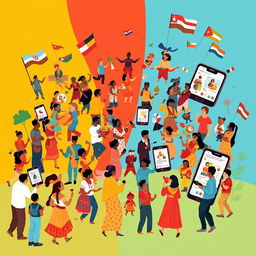 A vibrant and dynamic illustration showcasing cultural representation through media across various communities