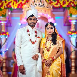 A stunning Indian wedding scene featuring a groom dressed in a traditional white veshti and shirt, standing proudly next to his bride adorned in a beautiful yellow and white saree