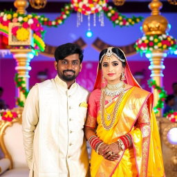 A stunning Indian wedding scene featuring a groom dressed in a traditional white veshti and shirt, standing proudly next to his bride adorned in a beautiful yellow and white saree