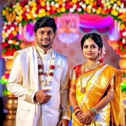 A stunning Indian wedding scene featuring a groom dressed in a traditional white veshti and shirt, standing proudly next to his bride adorned in a beautiful yellow and white saree