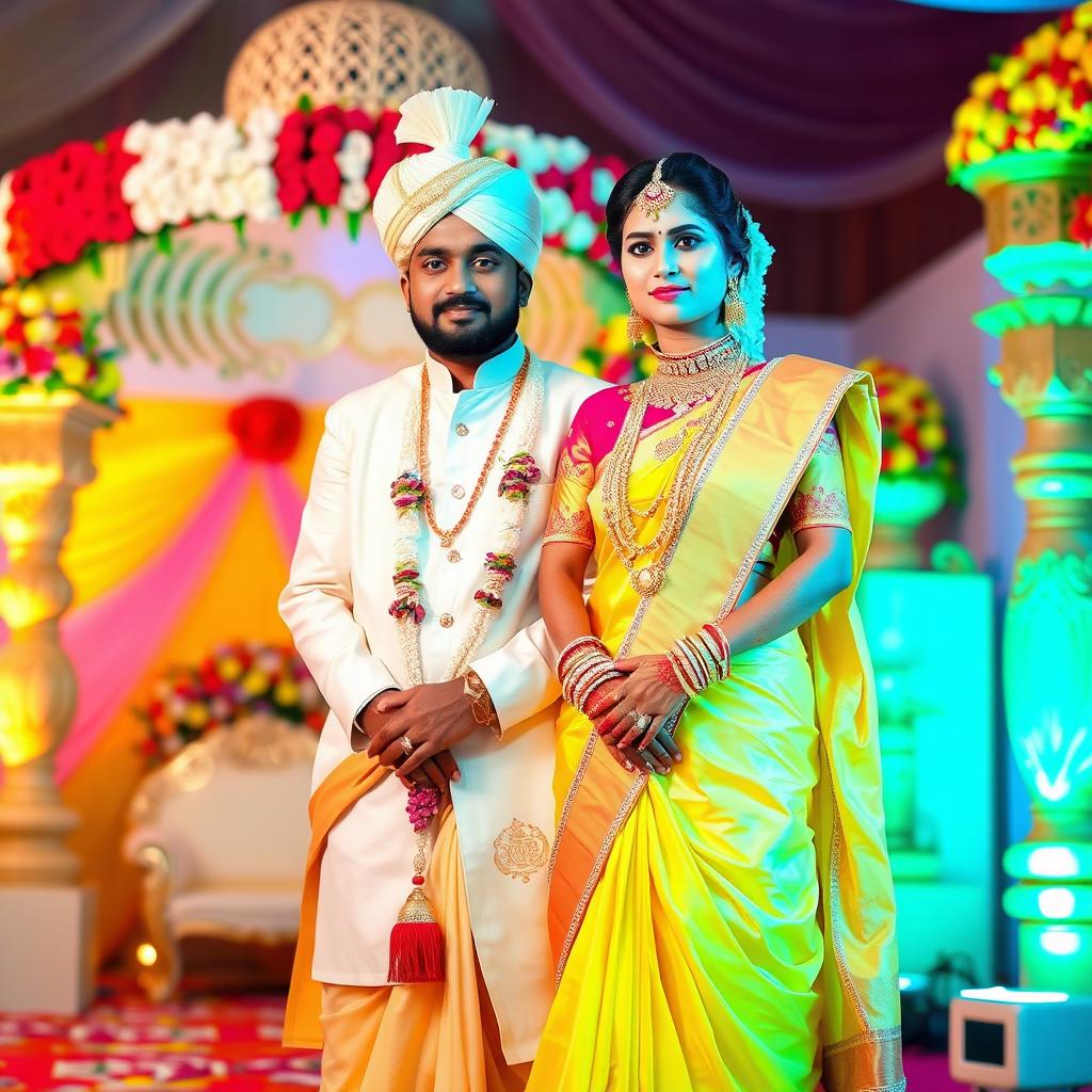 A stunning Indian wedding scene featuring a groom dressed in a traditional white veshti and shirt, standing proudly next to his bride adorned in a beautiful yellow and white saree