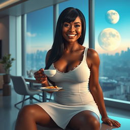 A realistic full-body image of a mature woman, approximately 50 years old, featuring straight black hair and light brown mulatto characteristics