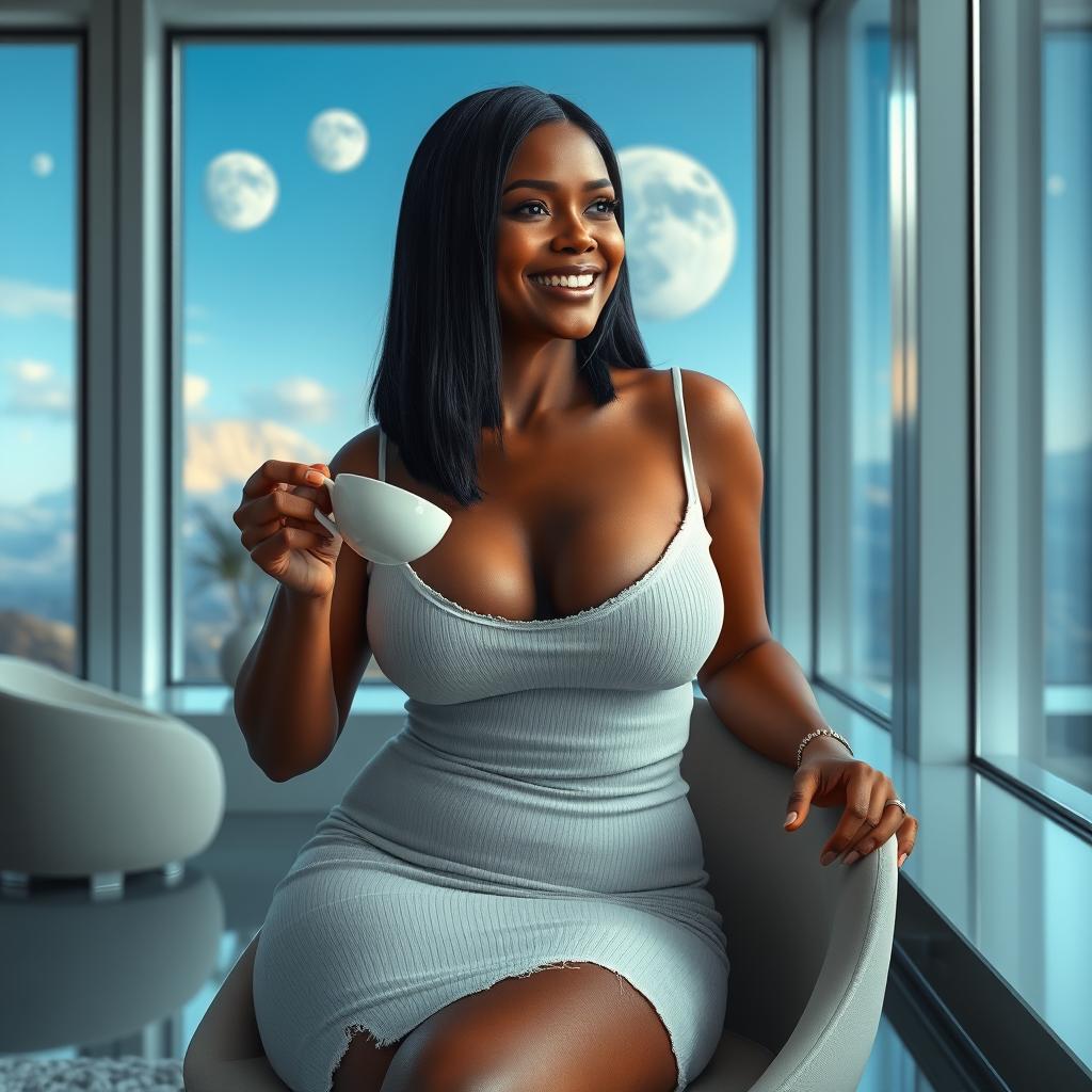 A realistic full-body image of a mature woman, approximately 50 years old, featuring straight black hair and light brown mulatto characteristics
