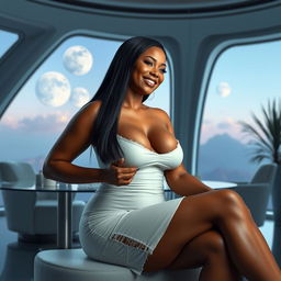 A realistic full-body image of a mature woman, approximately 50 years old, featuring straight black hair and light brown mulatto characteristics