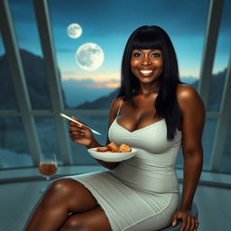 A realistic full-body image of a mature woman, approximately 50 years old, featuring straight black hair and light brown mulatto characteristics