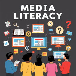An informative and visually appealing illustration of media literacy concepts, featuring symbols that represent critical thinking and analysis