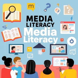 An informative and visually appealing illustration of media literacy concepts, featuring symbols that represent critical thinking and analysis