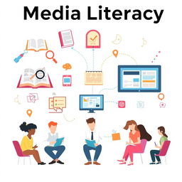 An informative and visually appealing illustration of media literacy concepts, featuring symbols that represent critical thinking and analysis