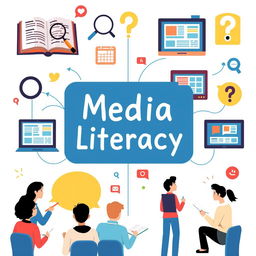 An informative and visually appealing illustration of media literacy concepts, featuring symbols that represent critical thinking and analysis