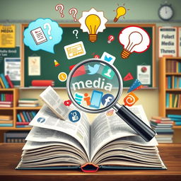 An artistic representation of media literacy, featuring symbols that represent critical thinking