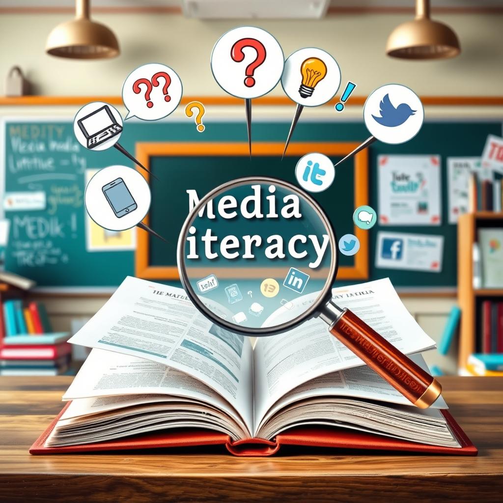 An artistic representation of media literacy, featuring symbols that represent critical thinking