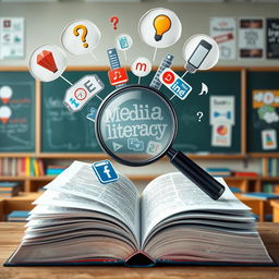 An artistic representation of media literacy, featuring symbols that represent critical thinking