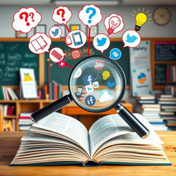 An artistic representation of media literacy, featuring symbols that represent critical thinking