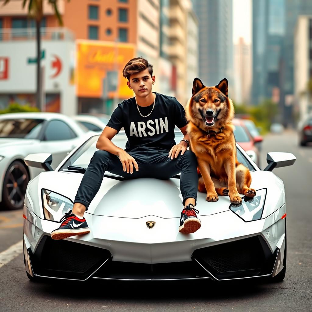 A beautiful, stylish teenage boy sitting on a sleek white Lamborghini, with a large brown wolf dog by his side