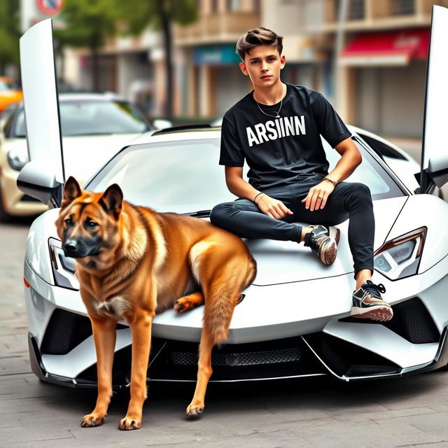 A beautiful, stylish teenage boy sitting on a sleek white Lamborghini, with a large brown wolf dog by his side