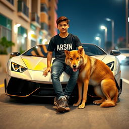 A beautiful, stylish teenage boy sitting on a sleek white Lamborghini, with a large brown wolf dog by his side