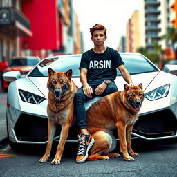A beautiful, stylish teenage boy sitting on a sleek white Lamborghini, with a large brown wolf dog by his side