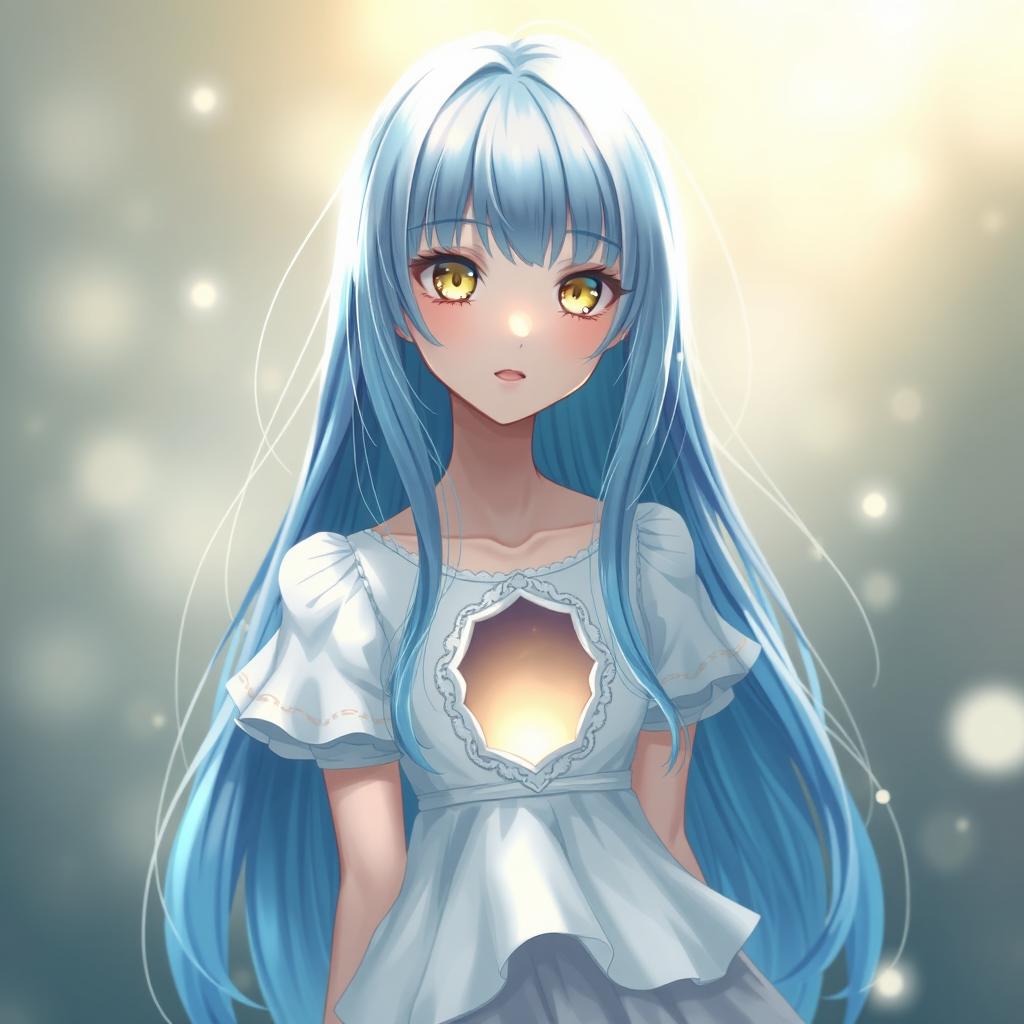 A digital artwork of a long blue-haired girl with striking light yellow eyes