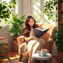 A serene scene depicting a young woman peacefully reading a book in a cozy, sunlit room filled with lush greenery