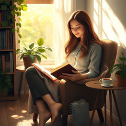 A serene scene depicting a young woman peacefully reading a book in a cozy, sunlit room filled with lush greenery