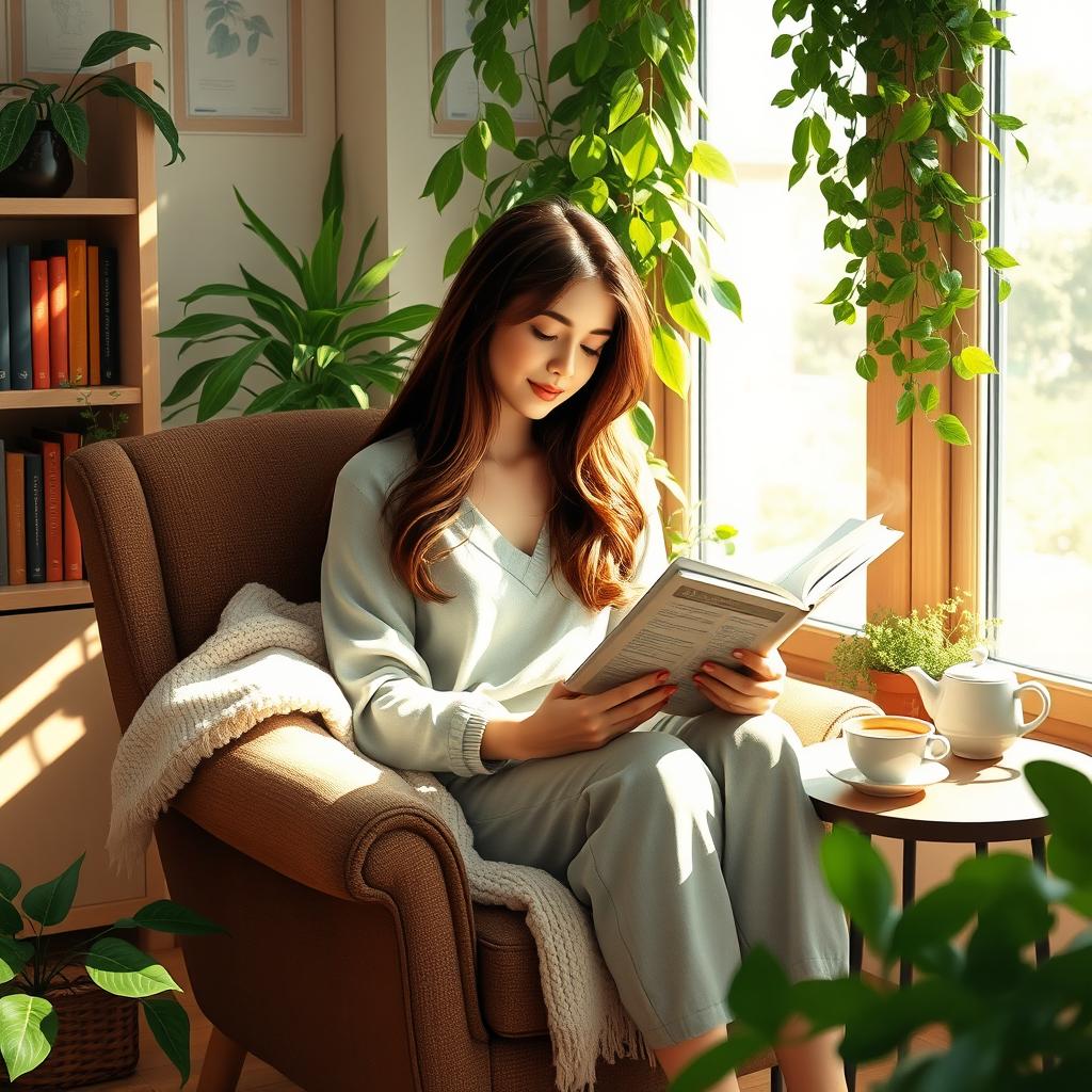 A serene scene depicting a young woman peacefully reading a book in a cozy, sunlit room filled with lush greenery