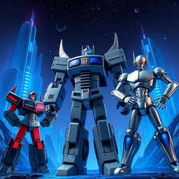 A futuristic scene set on the metallic planet Cybertron, featuring towering buildings illuminated by deep blue lighting