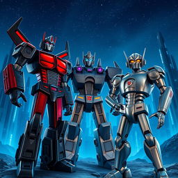 A futuristic scene set on the metallic planet Cybertron, featuring towering buildings illuminated by deep blue lighting