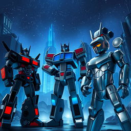 A futuristic scene set on the metallic planet Cybertron, featuring towering buildings illuminated by deep blue lighting