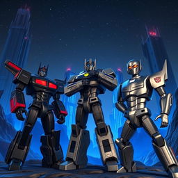 A futuristic scene set on the metallic planet Cybertron, featuring towering buildings illuminated by deep blue lighting