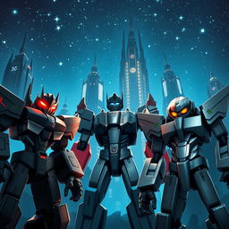 A stunning scene set on the metallic planet Cybertron, featuring towering buildings illuminated with a deep blue hue
