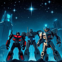 A stunning scene set on the metallic planet Cybertron, featuring towering buildings illuminated with a deep blue hue