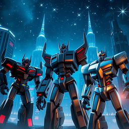 A stunning scene set on the metallic planet Cybertron, featuring towering buildings illuminated with a deep blue hue
