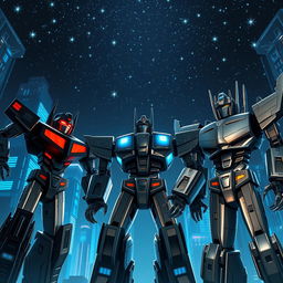 A stunning scene set on the metallic planet Cybertron, featuring towering buildings illuminated with a deep blue hue