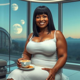A realistic full-body image of a mature woman, around 50 years old, featuring straight black hair and light brown mulatto characteristics